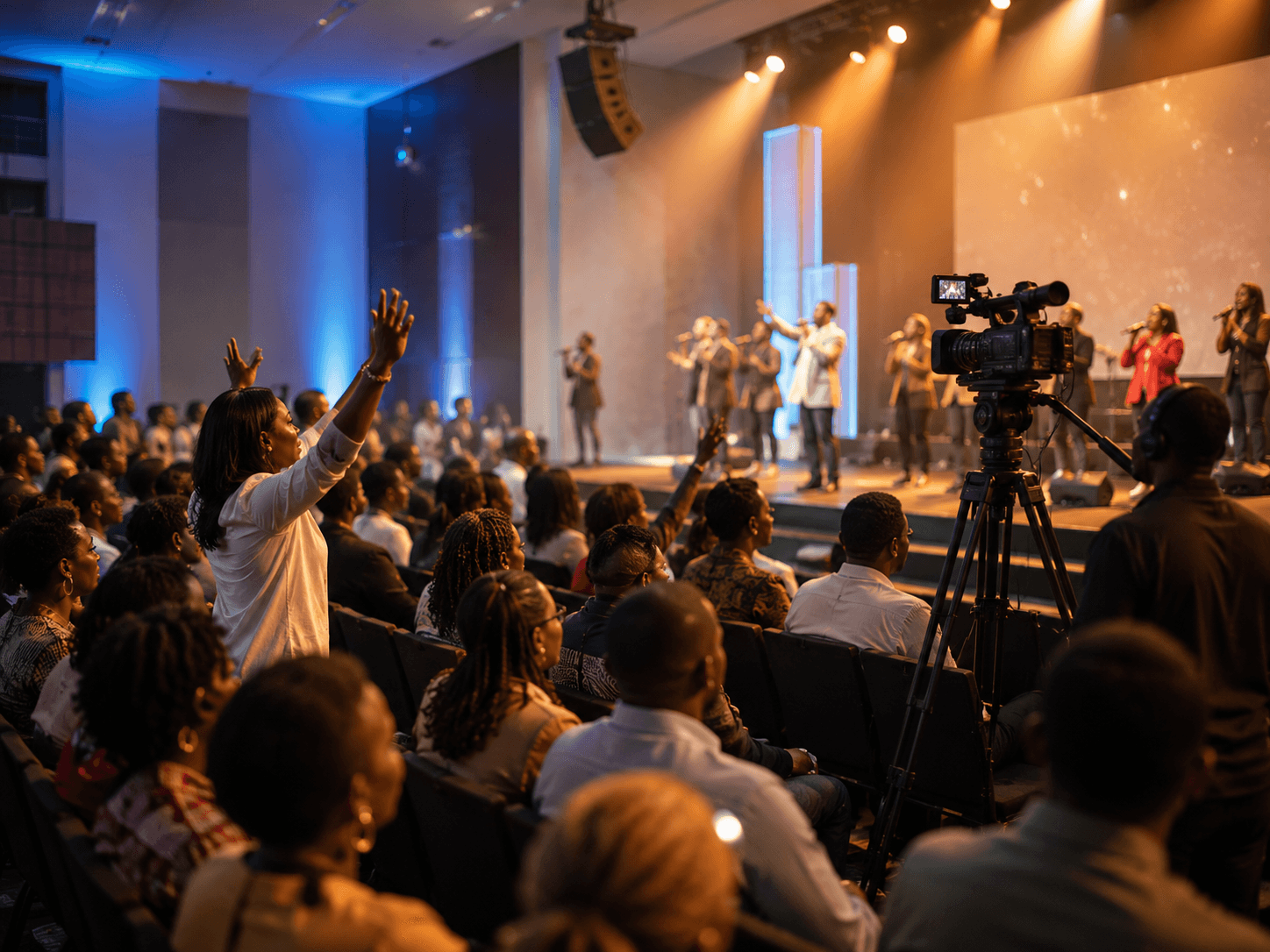 A congregation during a worship service, with a camera streaming the stage